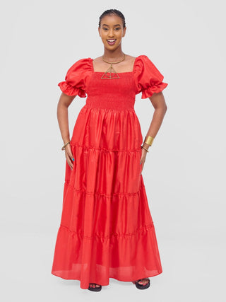 Safari Kikoy Shirred Top Maxi Dress - Red - Shopzetu