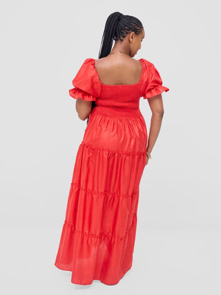 Safari Kikoy Shirred Top Maxi Dress - Red - Shopzetu