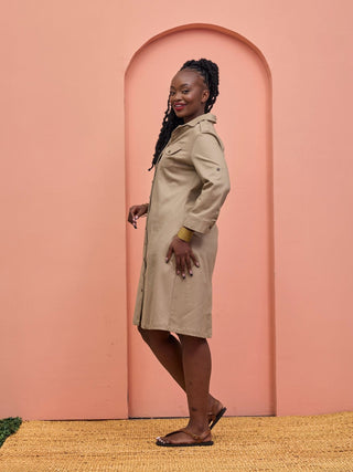 Safari Chui 3/4 Sleeve A - Line Dress - Taupe - Shopzetu