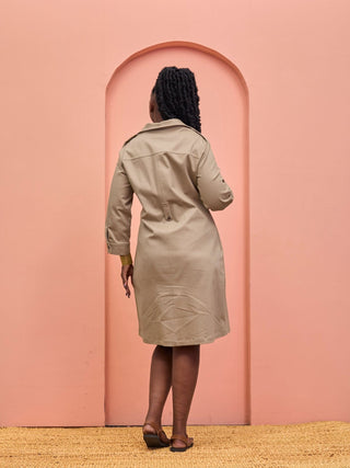 Safari Chui 3/4 Sleeve A - Line Dress - Taupe - Shopzetu