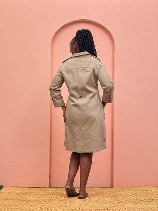 Safari Chui 3/4 Sleeve A - Line Dress - Taupe - Shopzetu