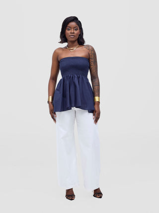 Safari Tiwa Shirred Top - Navy - Shopzetu