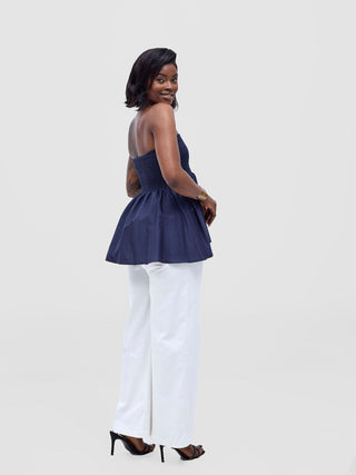 Safari Tiwa Shirred Top - Navy - Shopzetu