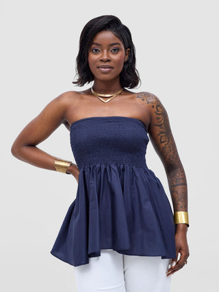 Safari Tiwa Shirred Top - Navy - Shopzetu