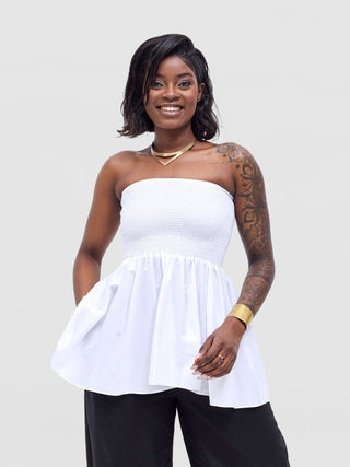 Safari Tiwa Shirred Top - White - Shopzetu