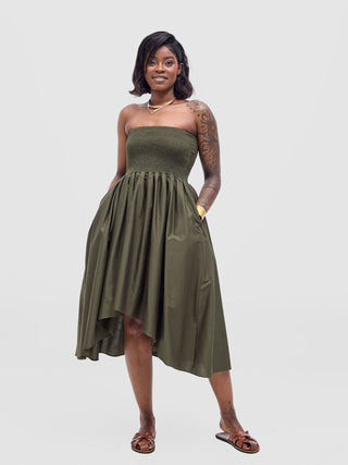 Safari Tiwa Shirred Midi Dress - Hunters - Shopzetu