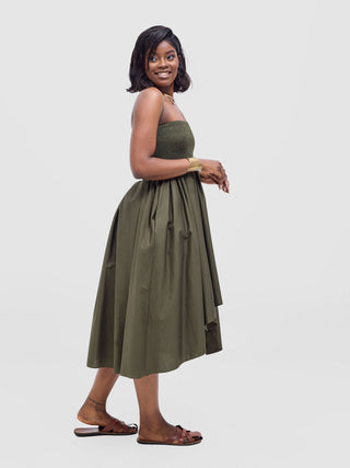 Safari Tiwa Shirred Midi Dress - Hunters - Shopzetu