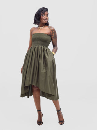 Safari Tiwa Shirred Midi Dress - Hunters - Shopzetu