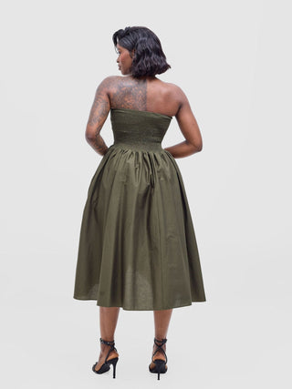Safari Tiwa Shirred Midi Dress - Hunters - Shopzetu