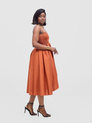 Safari Tiwa Shirred Midi Dress - Rust - Shopzetu