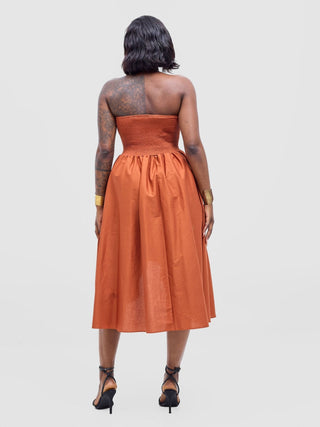 Safari Tiwa Shirred Midi Dress - Rust - Shopzetu
