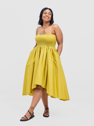 Safari Tiwa Shirred Midi Dress - Lime - Shopzetu