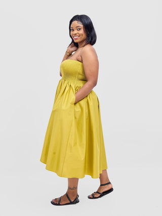 Safari Tiwa Shirred Midi Dress - Lime - Shopzetu