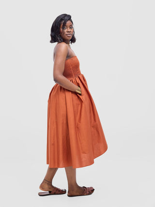 Safari Tiwa Shirred Midi Dress - Rust - Shopzetu