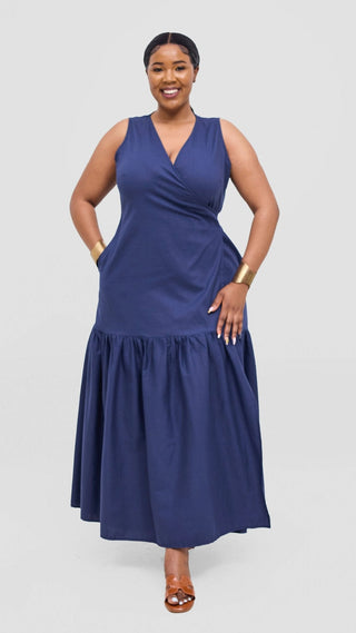 Safari Naledi Gathered Panel Wrap Dress - Navy - Shopzetu