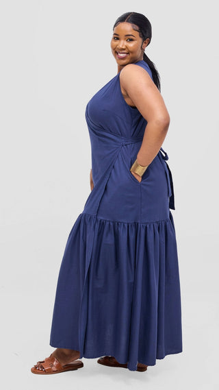 Safari Naledi Gathered Panel Wrap Dress - Navy - Shopzetu