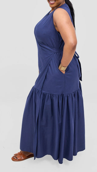 Safari Naledi Gathered Panel Wrap Dress - Navy - Shopzetu