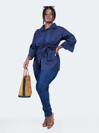 Safari Mali 3/4 Sleeve Tie Shirt - Navy Blue