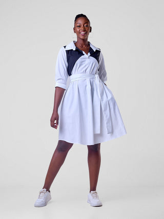 Safari Lira Front Panelled Shirt Dress - White / Black - Shopzetu