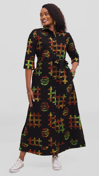 Safari by Vivo Zehra 3/4 Sleeve Kitenge Maxi Dress - Black / Olive Vema Print