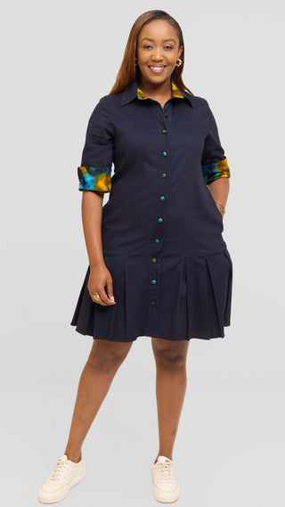Safari by Vivo Pleated Dress in Cotton - Navy
