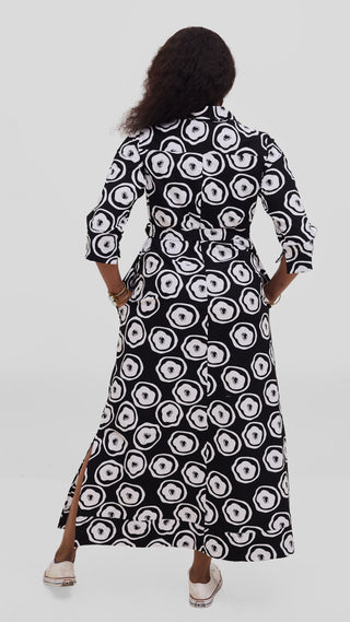 Safari by Vivo Zehra 3/4 Sleeve Kitenge Maxi Dress - Black / White Ana Print