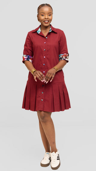 Safari by Vivo Pleated Dress in Cotton - Maroon