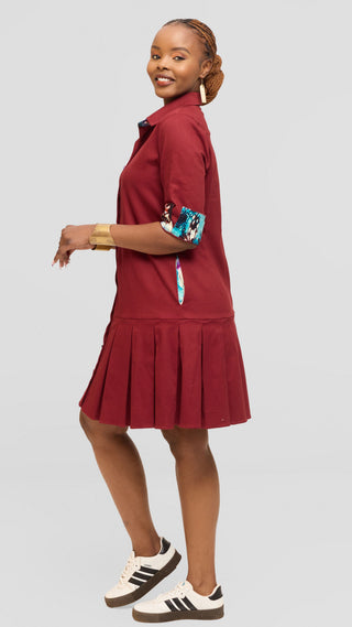 Safari by Vivo Pleated Dress in Cotton - Maroon