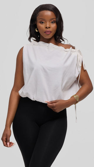 Safari by Vivo Drawstring Neck Top in Linen Blend - White