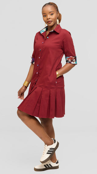 Safari by Vivo Pleated Dress in Cotton - Maroon