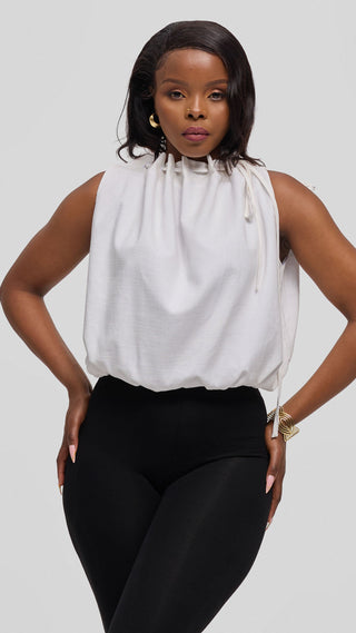Safari by Vivo Drawstring Neck Top in Linen Blend - White