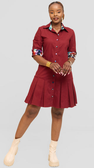 Safari by Vivo Pleated Dress in Cotton - Maroon