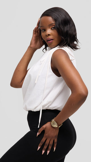 Safari by Vivo Drawstring Neck Top in Linen Blend - White