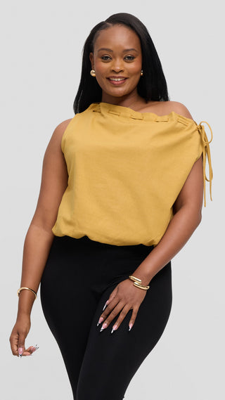 Safari by Vivo Drawstring Neck Top in Linen Blend - Mustard