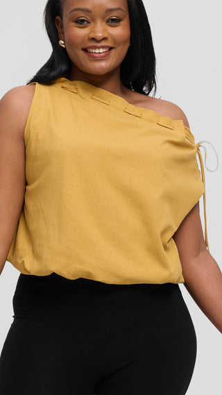 Safari by Vivo Drawstring Neck Top in Linen Blend - Mustard
