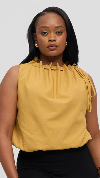 Safari by Vivo Drawstring Neck Top in Linen Blend - Mustard