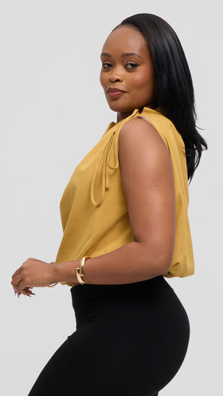 Safari by Vivo Drawstring Neck Top in Linen Blend - Mustard