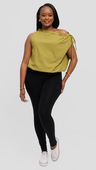 Safari by Vivo Drawstring Neck Top in Linen Blend - Olive Green