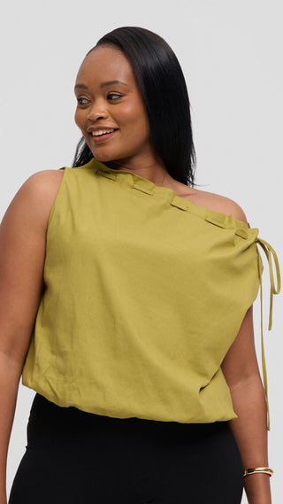 Safari by Vivo Drawstring Neck Top in Linen Blend - Olive Green