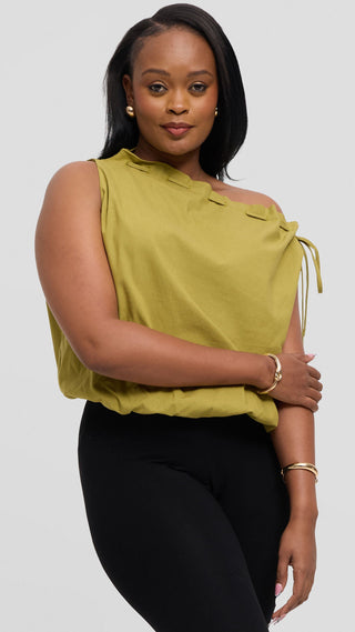 Safari by Vivo Drawstring Neck Top in Linen Blend - Olive Green