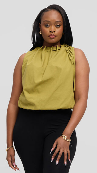 Safari by Vivo Drawstring Neck Top in Linen Blend - Olive Green