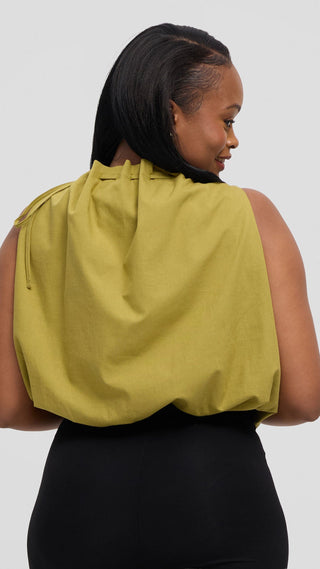Safari by Vivo Drawstring Neck Top in Linen Blend - Olive Green