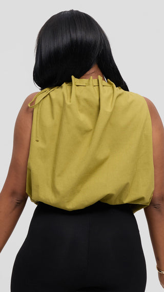 Safari by Vivo Drawstring Neck Top in Linen Blend - Olive Green