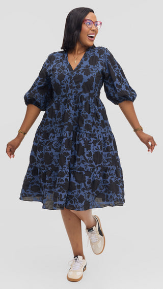 Safari by Vivo Naledi Tiered  Dress in Cotton - Powder Blue / Black Print