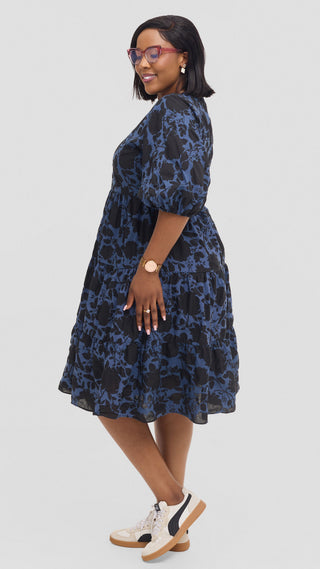 Safari by Vivo Naledi Tiered  Dress in Cotton - Powder Blue / Black Print