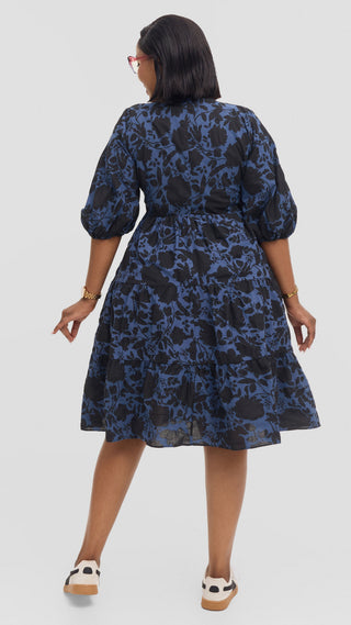 Safari by Vivo Naledi Tiered  Dress in Cotton - Powder Blue / Black Print