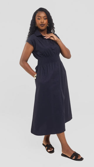Safari by Vivo Shirred Waist Midi Dress in Cotton - Navy