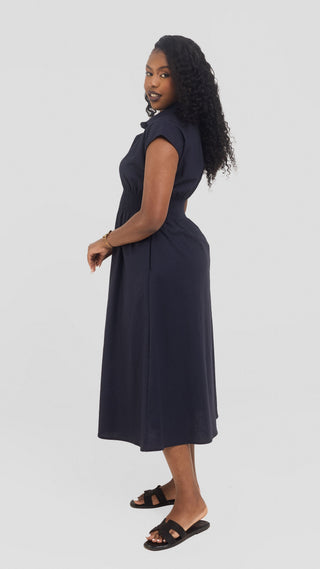 Safari by Vivo Shirred Waist Midi Dress in Cotton - Navy