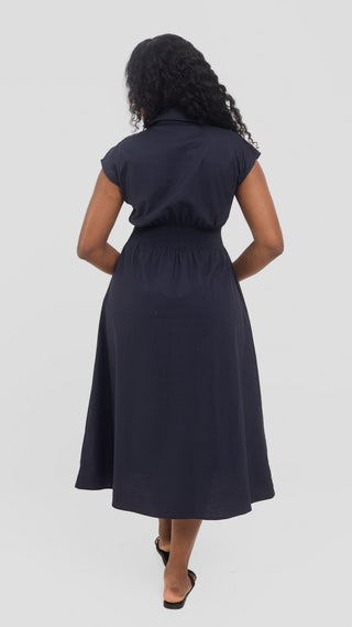 Safari by Vivo Shirred Waist Midi Dress in Cotton - Navy
