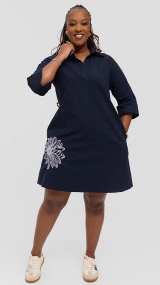 Safari by Vivo Mansi Wide Hem Embroidered Tent Dress - Navy Blue